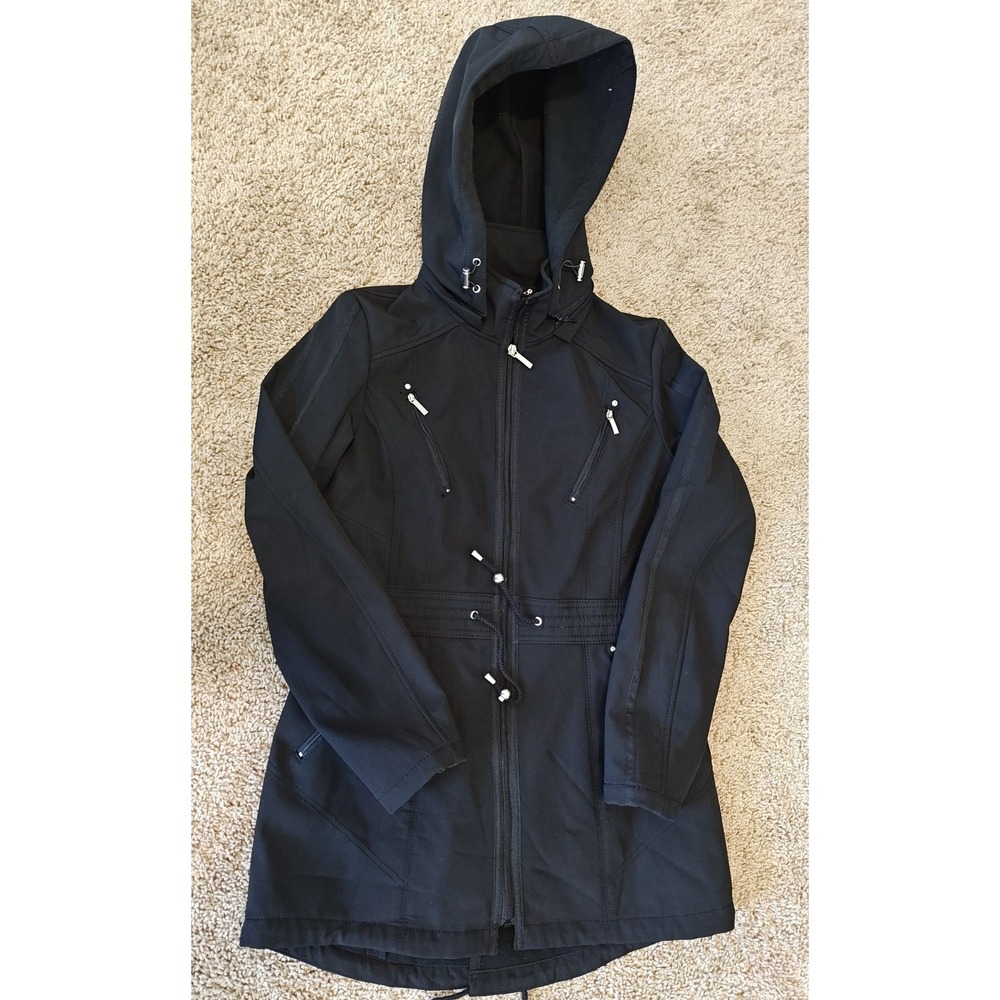 Laundry by Shelli Segal Women Black Softshell Hooded Jacket Sz M Removable Hood